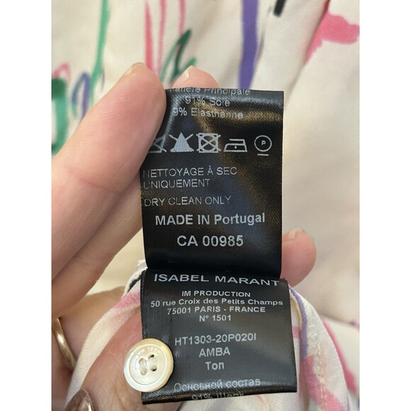 ISABEL MARANT Silk Amba Blouse Lightweight Top Sz 40 / 8 Ecru Printed Split Neck - Picture 9 of 11